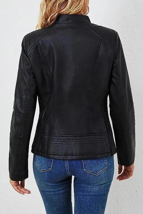 Women's Black Lambskin Original Leather Band Collar Zip-Up Jacket