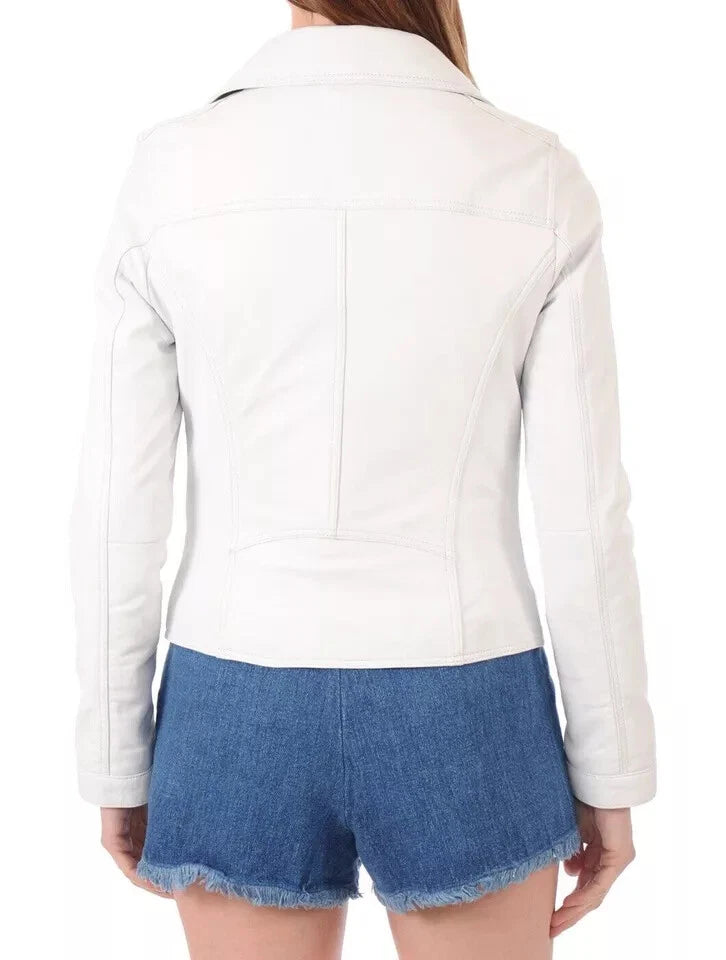 Women's White Lambskin Original Leather Asymmetric Biker Jacket