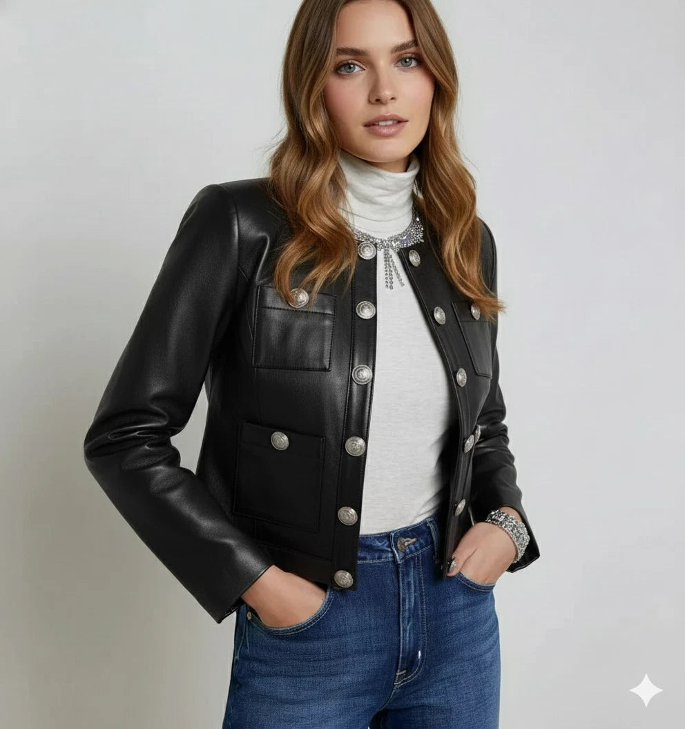 Women's Black Lambskin Original Premium Leather Military Button Jacket