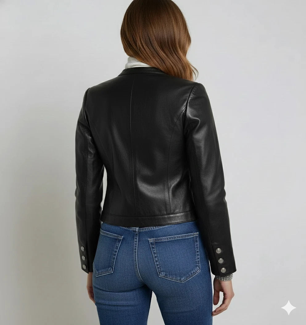 Women's Black Lambskin Original Premium Leather Military Button Jacket