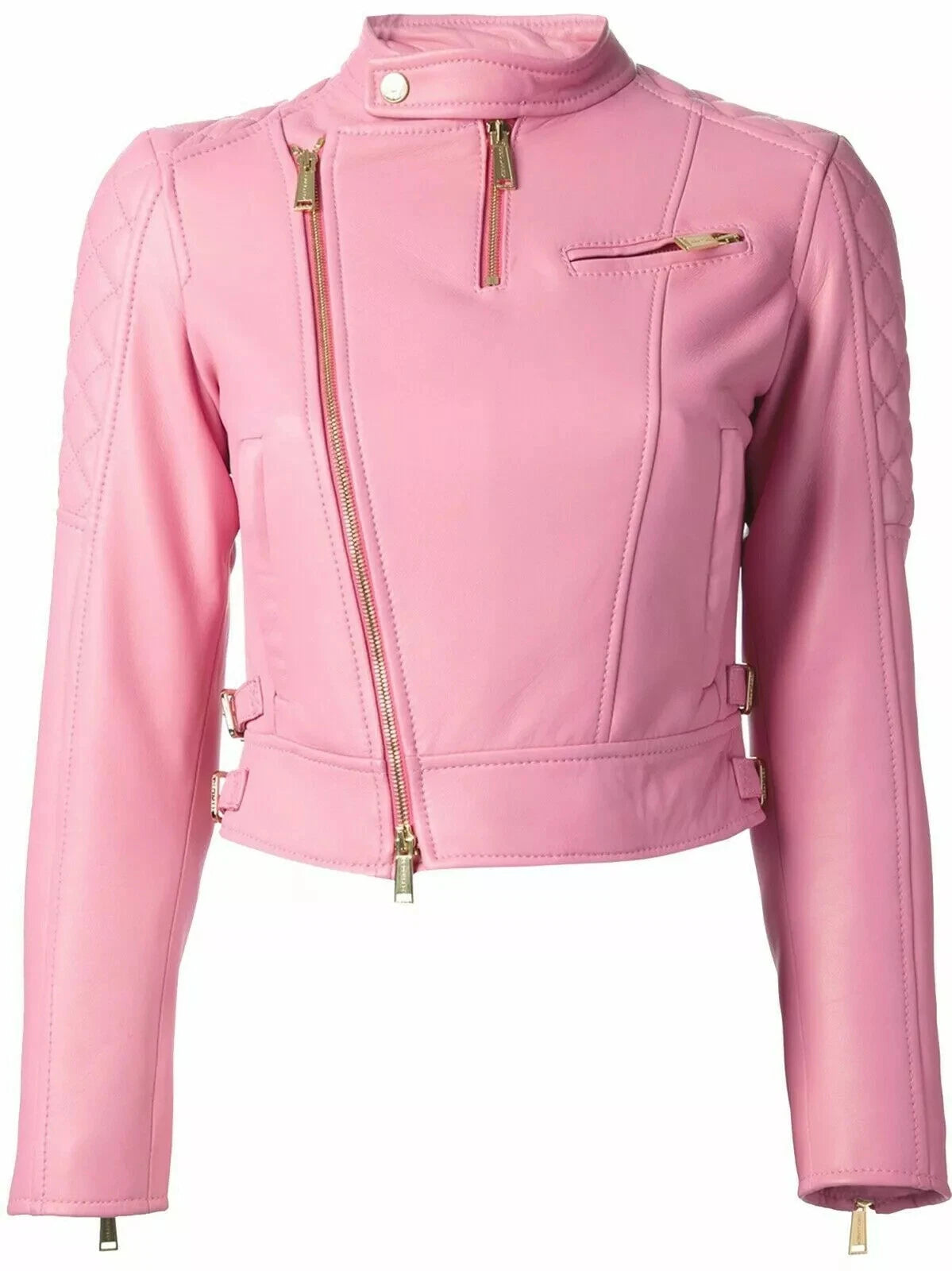 Women's Pink Cropped Biker Premium Original Leather Jacket with Gold Hardware – Kamercio Leather