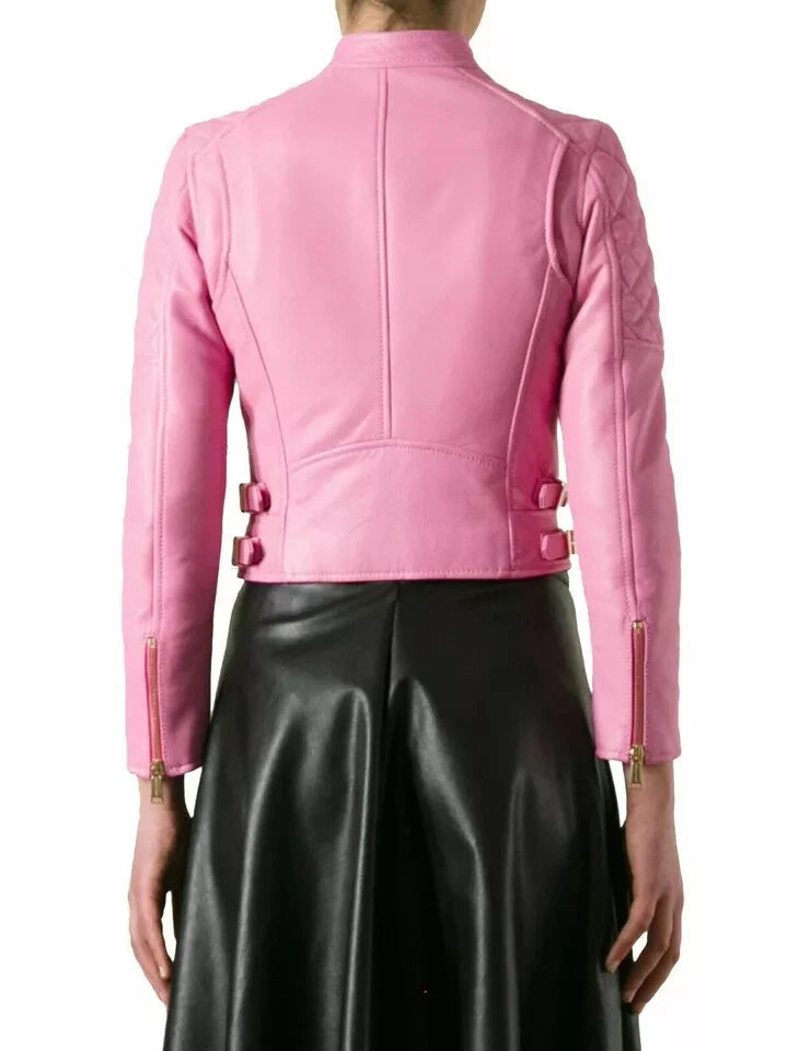 Women's Pink Cropped Biker Premium Original Leather Jacket with Gold Hardware – Kamercio Leather