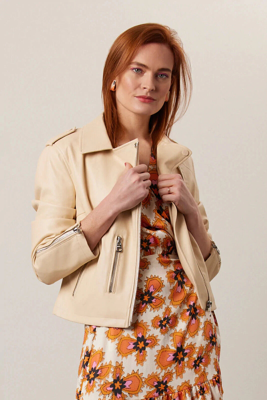 Women's Beige Cropped Biker Premium Original Leather Jacket – Kamercio Leather