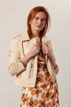 Women's Beige Cropped Biker Premium Original Leather Jacket – Kamercio Leather