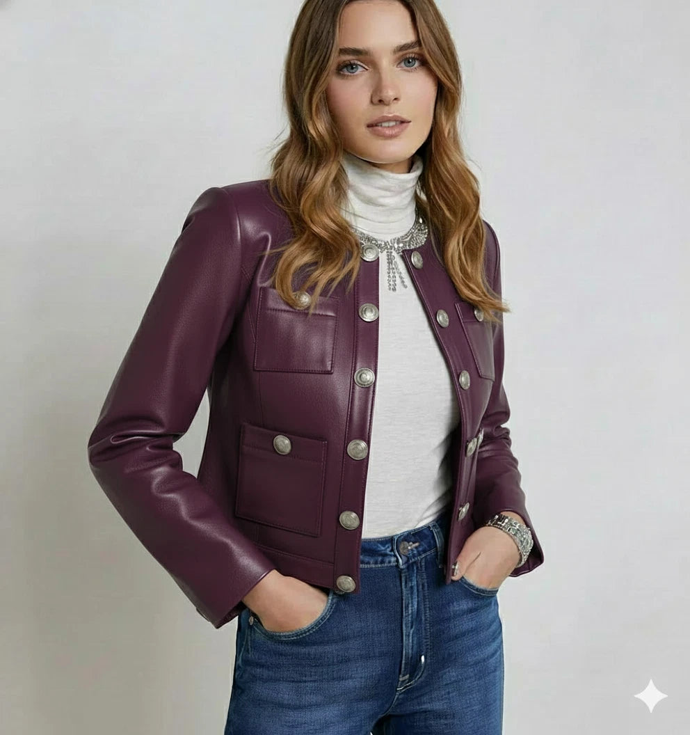 Women's Purple Military Button Leather Jacket – Kamercio Leather