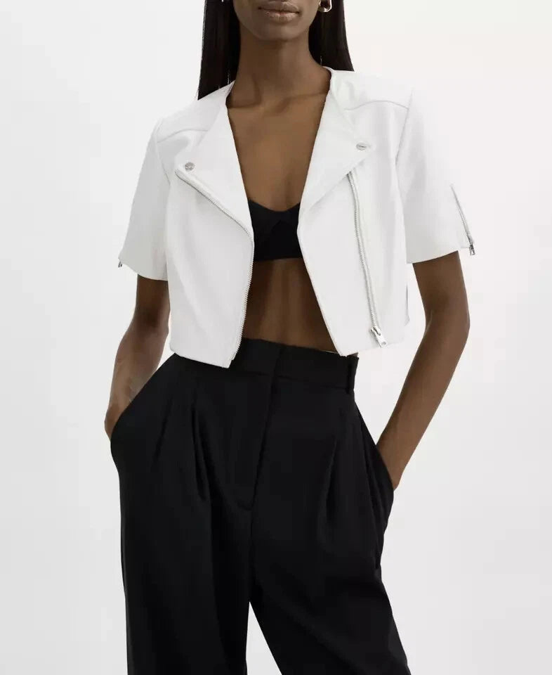 Women's White Cropped Short-Sleeve Biker Original Premium Leather Jacket – Kamercio Leather