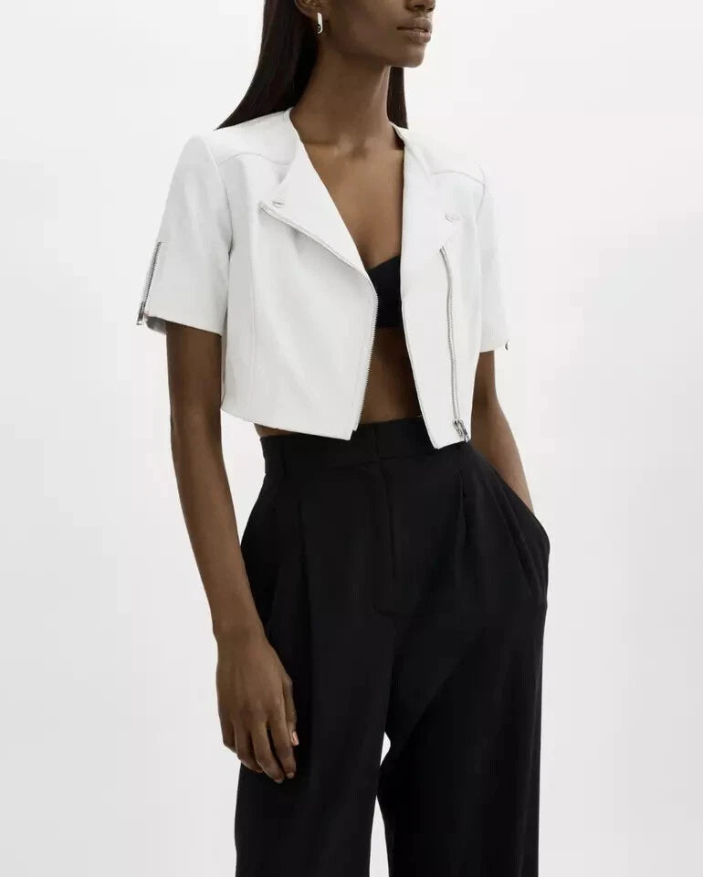 Women's White Cropped Short-Sleeve Biker Original Premium Leather Jacket – Kamercio Leather
