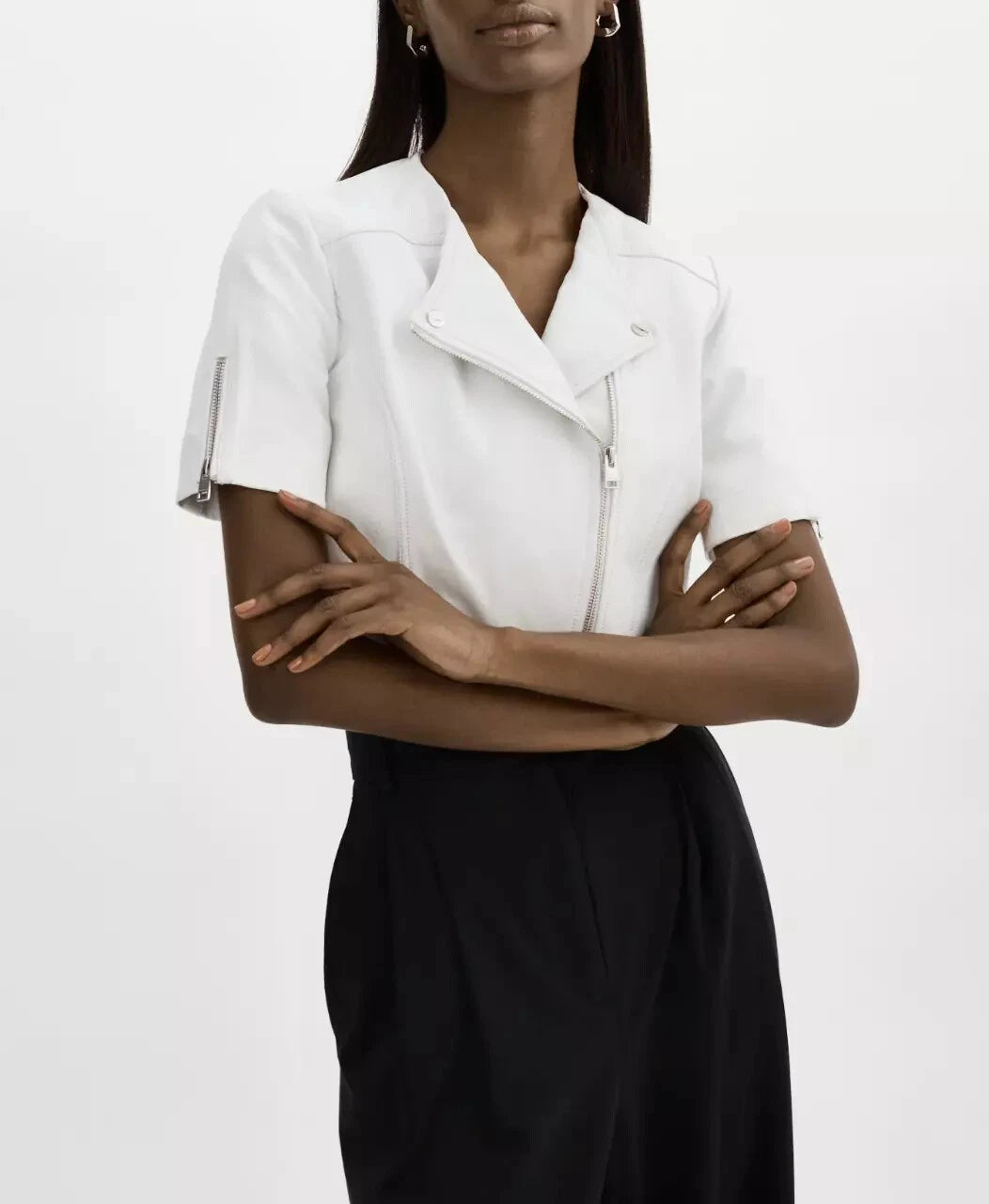 Women's White Cropped Short-Sleeve Biker Original Premium Leather Jacket – Kamercio Leather