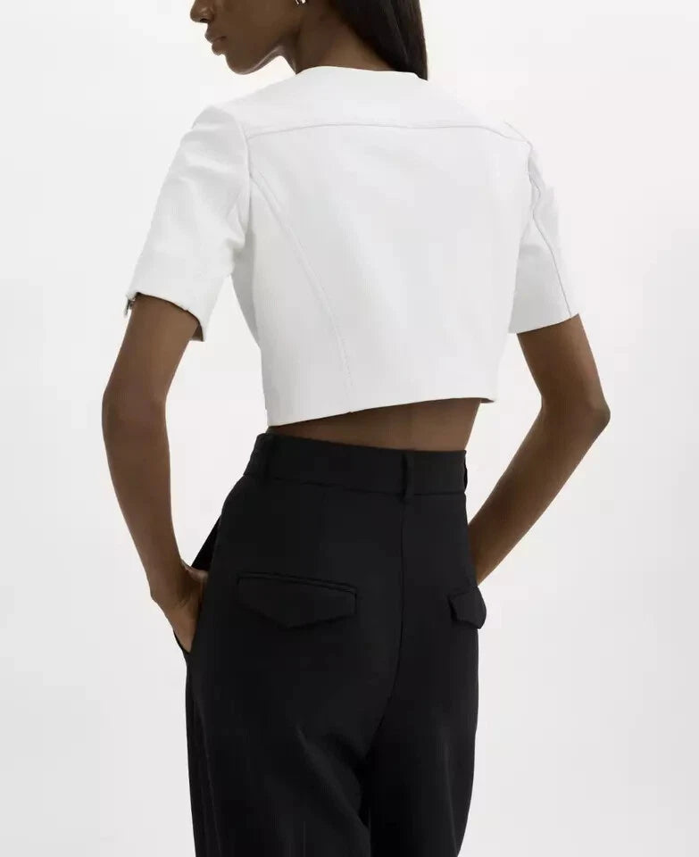 Women's White Cropped Short-Sleeve Biker Original Premium Leather Jacket – Kamercio Leather