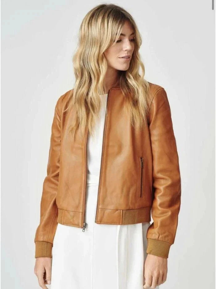 Women's Tan Premium Original Leather Bomber Jacket with Ribbed Cuffs – Kamercio Leather