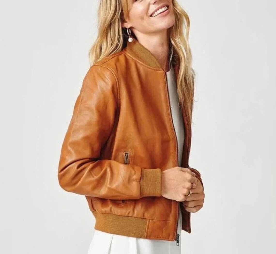 Women's Tan Premium Original Leather Bomber Jacket with Ribbed Cuffs – Kamercio Leather