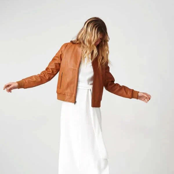 Women's Tan Premium Original Leather Bomber Jacket with Ribbed Cuffs – Kamercio Leather