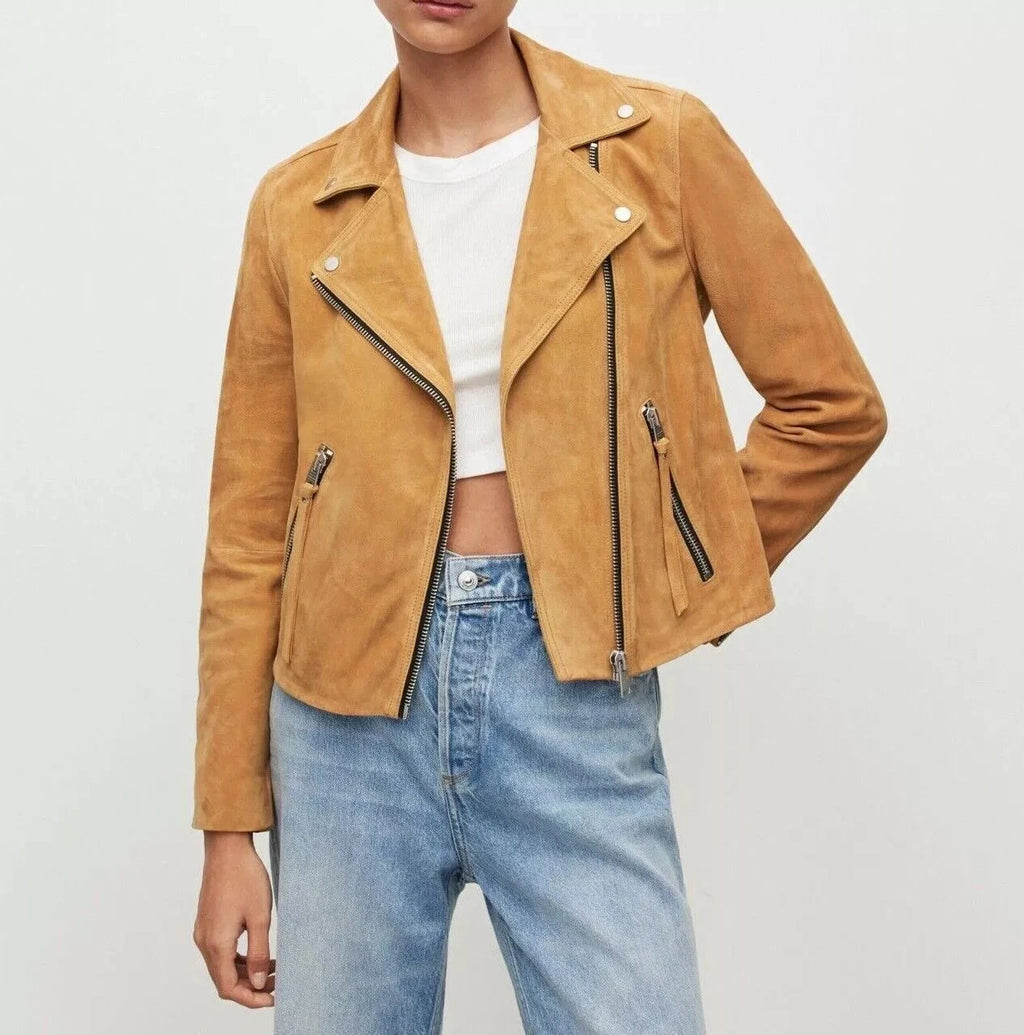 Women's Tan Lambskin Premium Suede Original Leather Biker Jacket