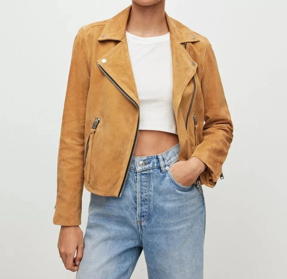 Women's Tan Lambskin Premium Suede Original Leather Biker Jacket