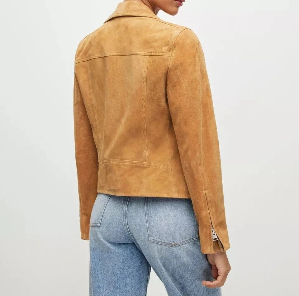 Women's Tan Lambskin Premium Suede Original Leather Biker Jacket
