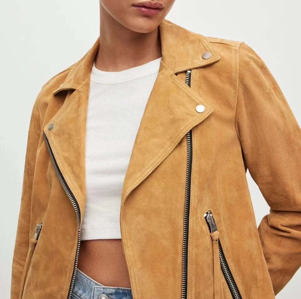 Women's Tan Lambskin Premium Suede Original Leather Biker Jacket