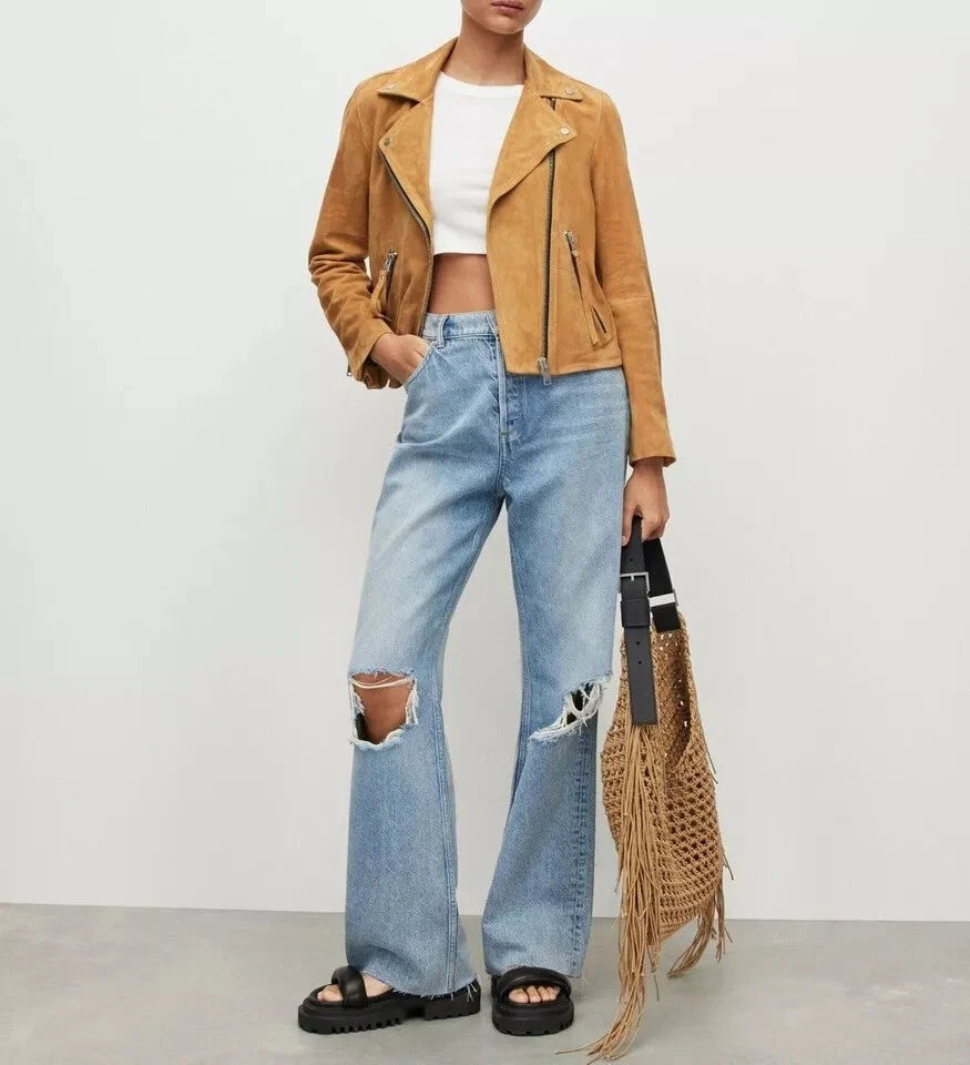 Women's Tan Lambskin Premium Suede Original Leather Biker Jacket