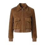 Women's Brown Lambskin Premium Suede Original Leather Bomber Jacket – front view – Kamercio