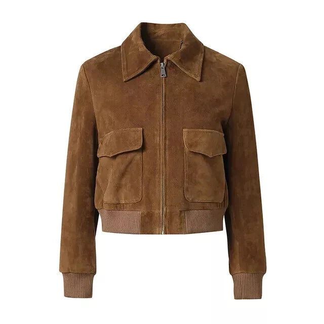 Women's Brown Lambskin Premium Suede Original Leather Bomber Jacket