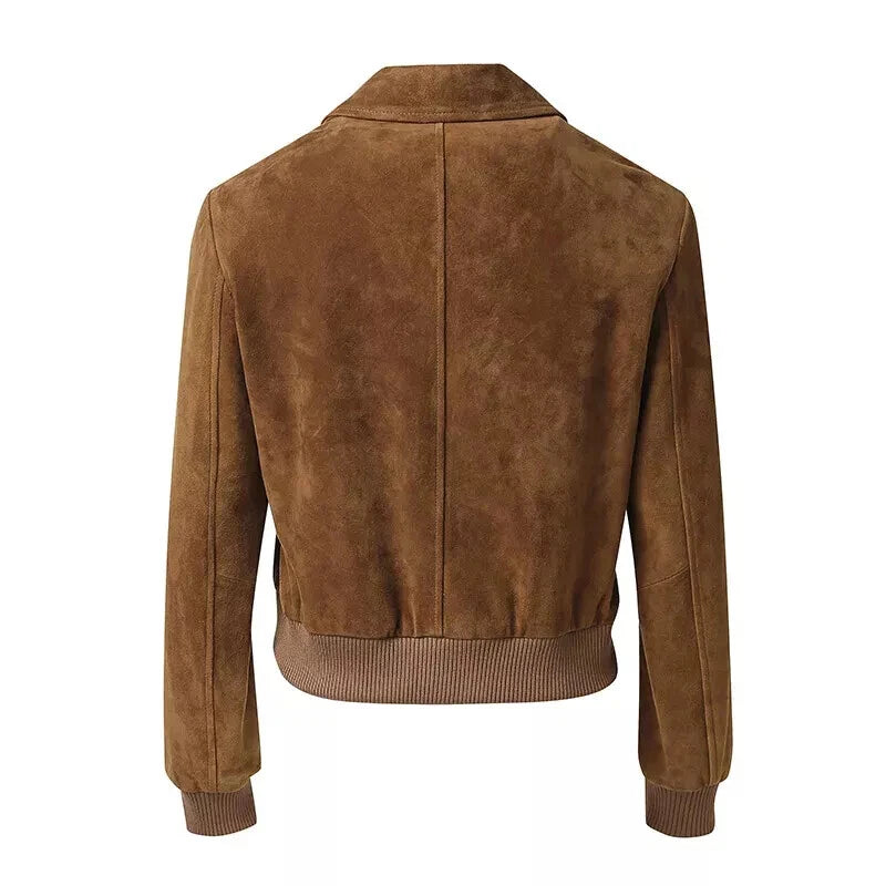 Women's Brown Lambskin Premium Suede Original Leather Bomber Jacket