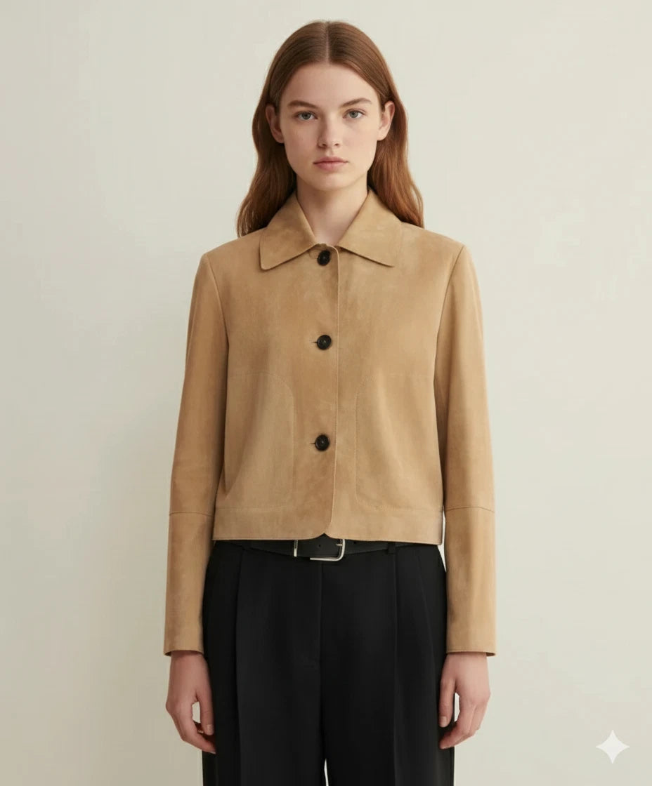 Women's Tan Lambskin Suede Original Leather Cropped Button-Front Jacket