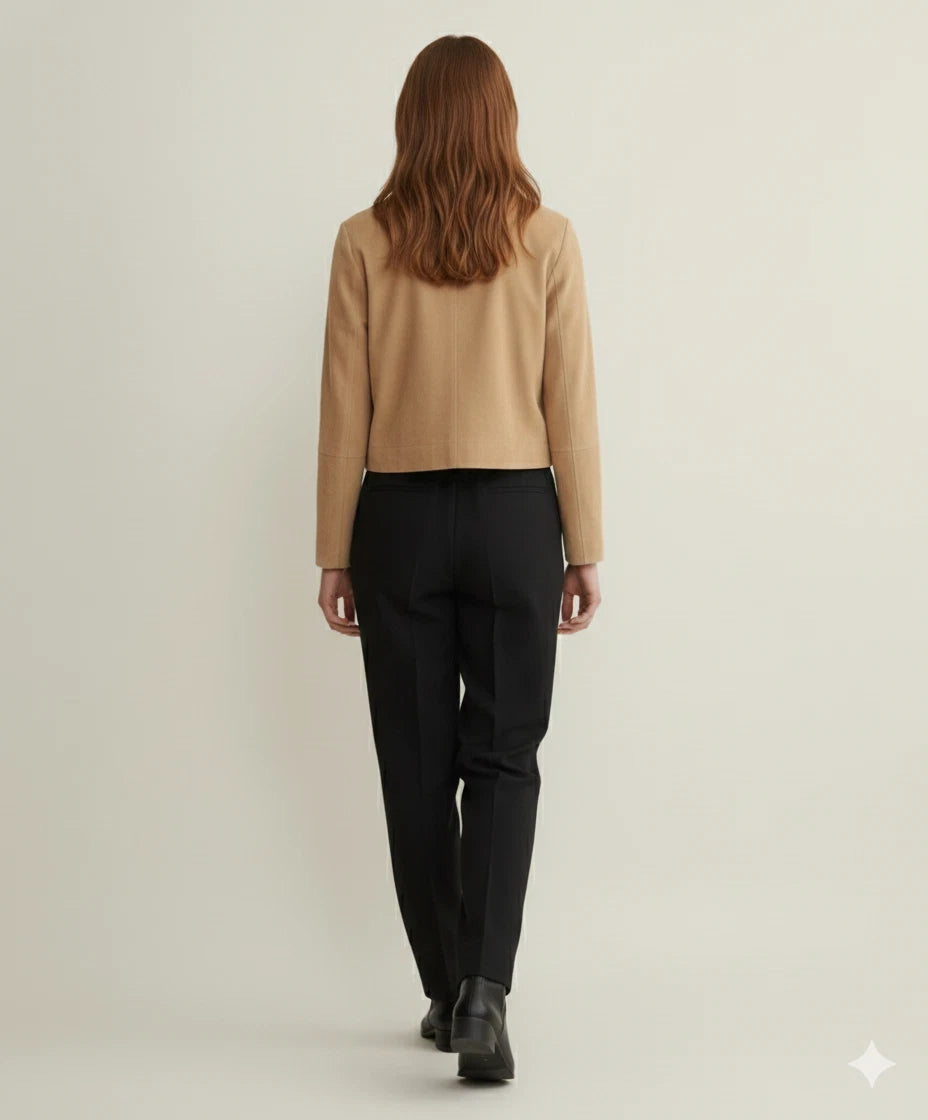 Women's Tan Lambskin Suede Original Leather Cropped Button-Front Jacket