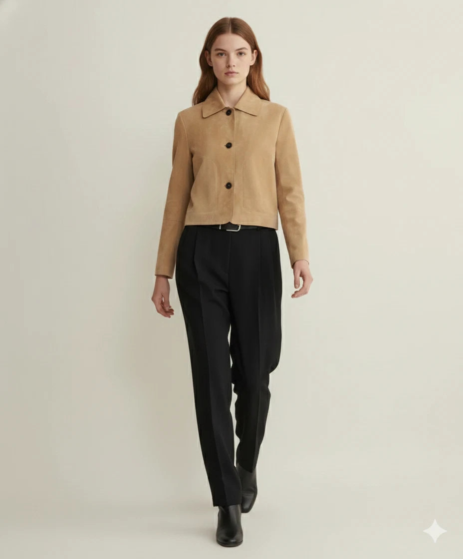 Women's Tan Lambskin Suede Original Leather Cropped Button-Front Jacket