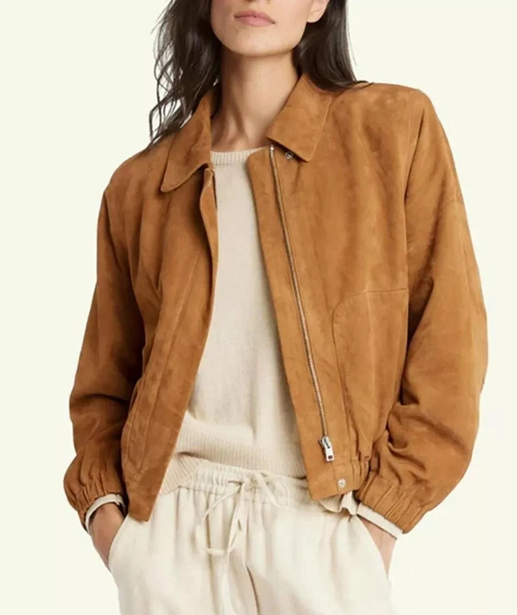 Women's Tan Lambskin Suede Original Leather Oversized Zip Jacket