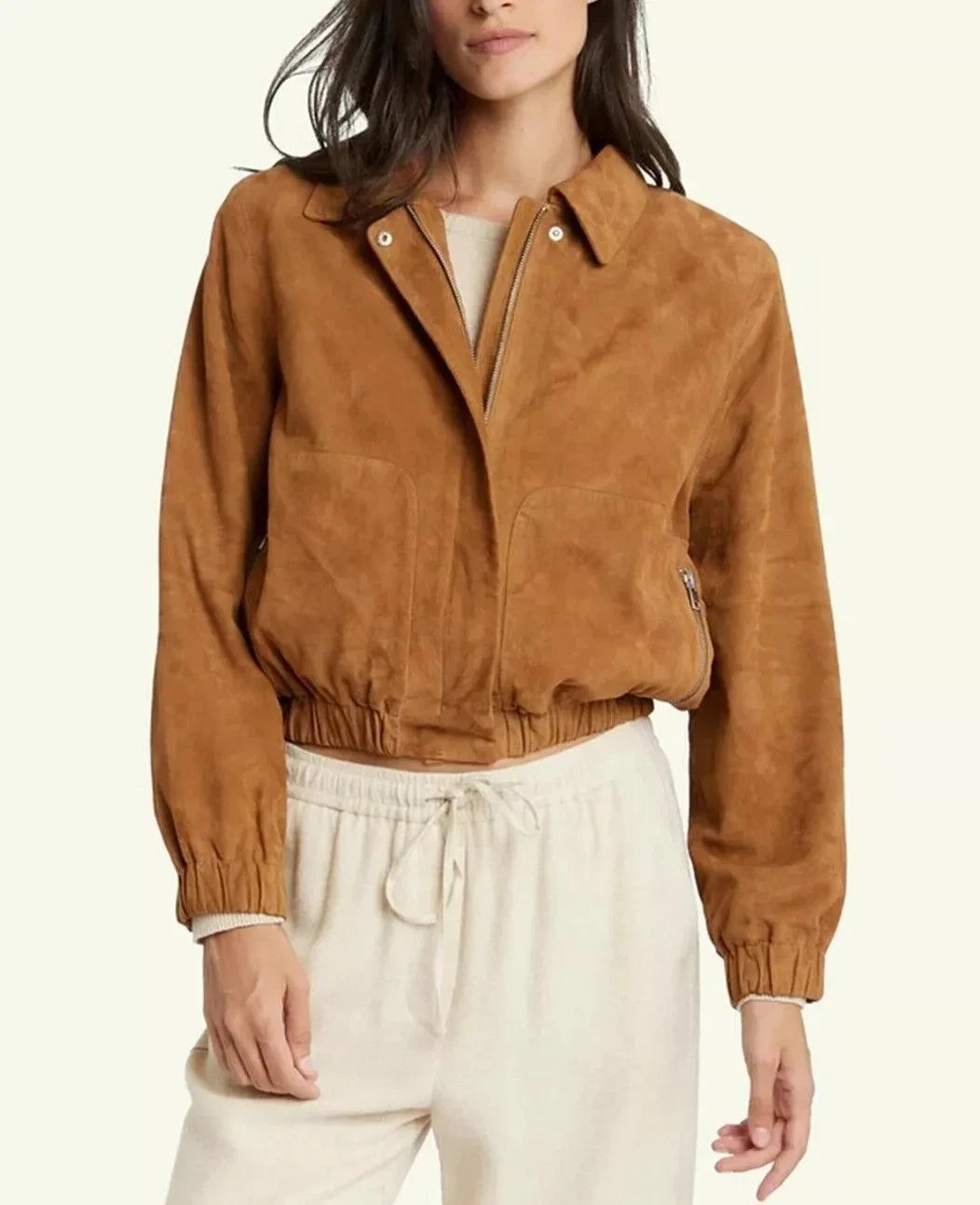 Women's Tan Lambskin Suede Original Leather Oversized Zip Jacket