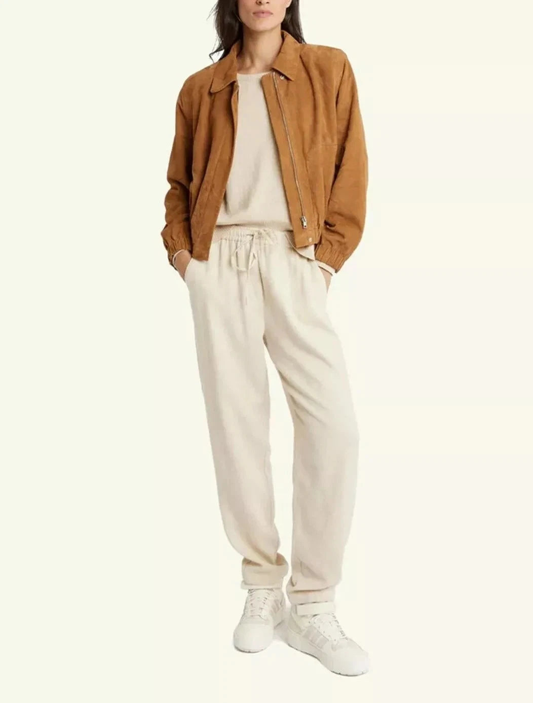 Women's Tan Lambskin Suede Original Leather Oversized Zip Jacket