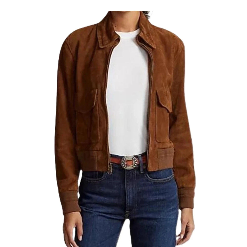 Women's Cognac Brown Lambskin Suede Premium Original Leather Multi-Pocket Bomber Jacket