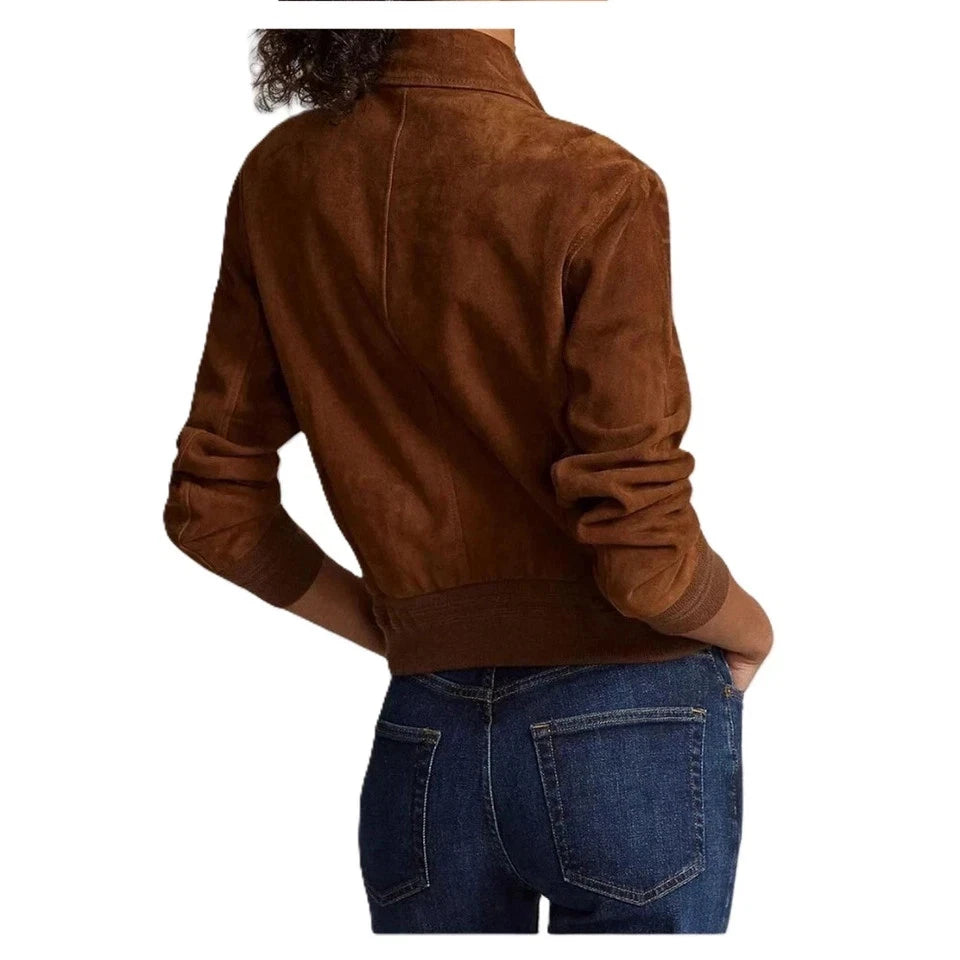 Women's Cognac Brown Lambskin Suede Premium Original Leather Multi-Pocket Bomber Jacket