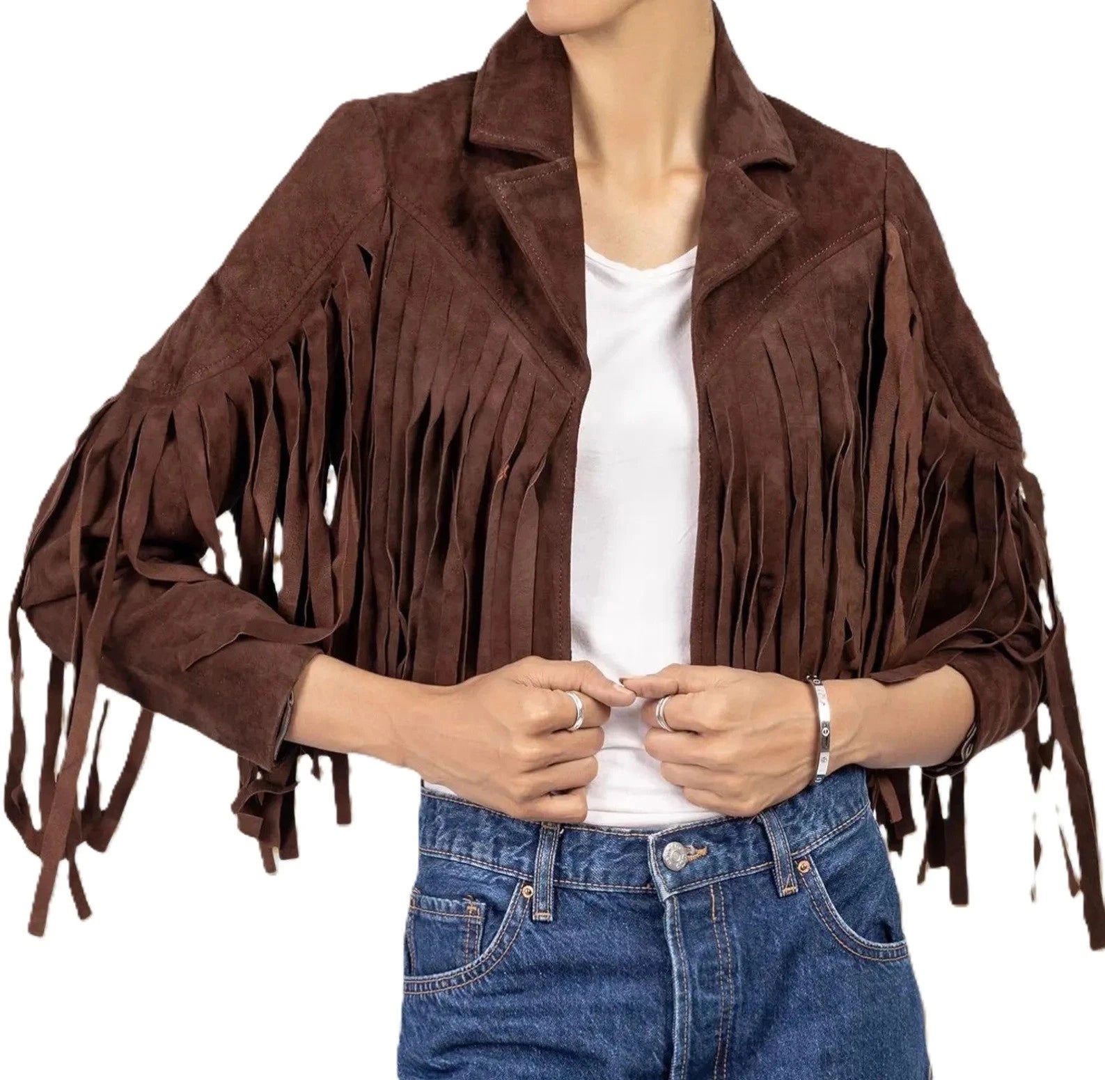 Women's Dark Brown Lambskin Premium Suede Original Leather Fringe Jacket