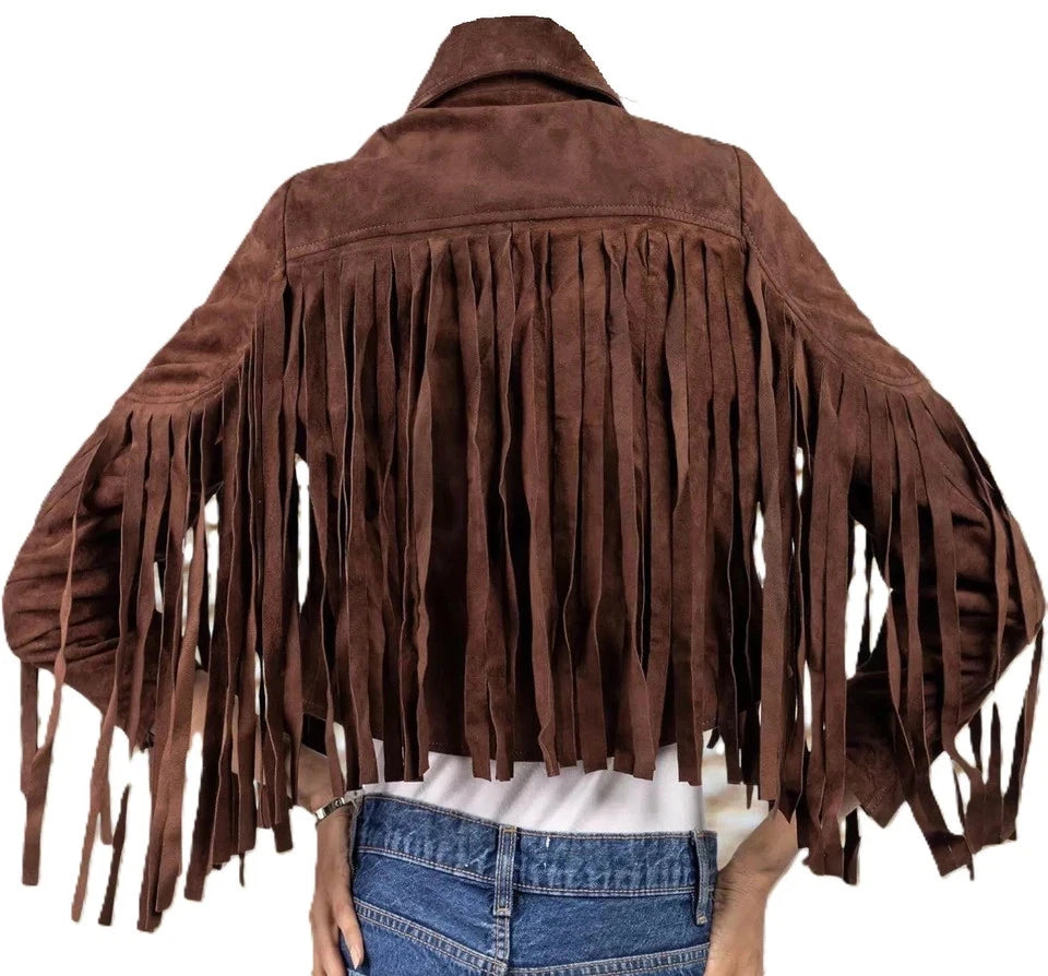 Women's Dark Brown Lambskin Premium Suede Original Leather Fringe Jacket