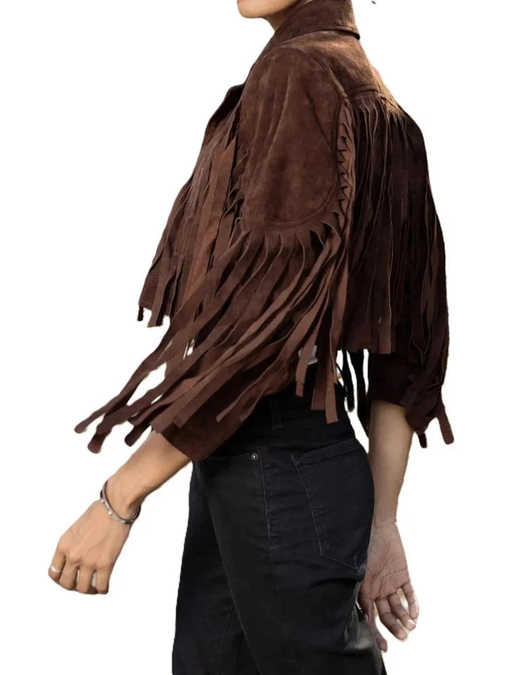 Women's Dark Brown Lambskin Premium Suede Original Leather Fringe Jacket