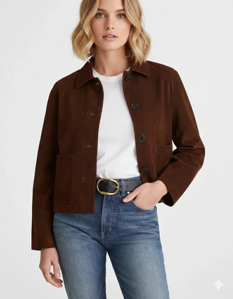 Women's Espresso Brown Lambskin Suede Premium Leather Button-Front Jacket