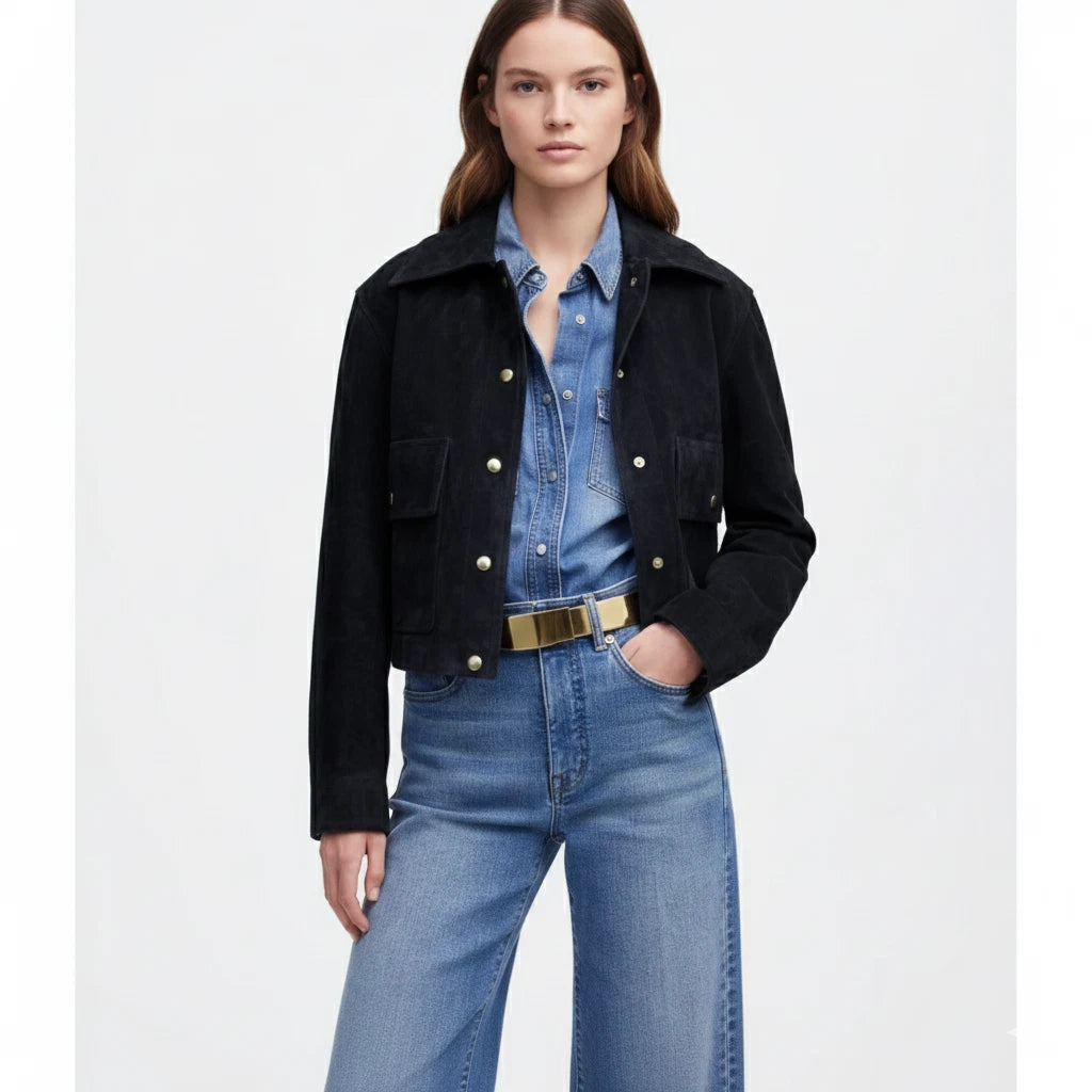 Women's Black Lambskin Suede Premium Leather Cropped Military Jacket