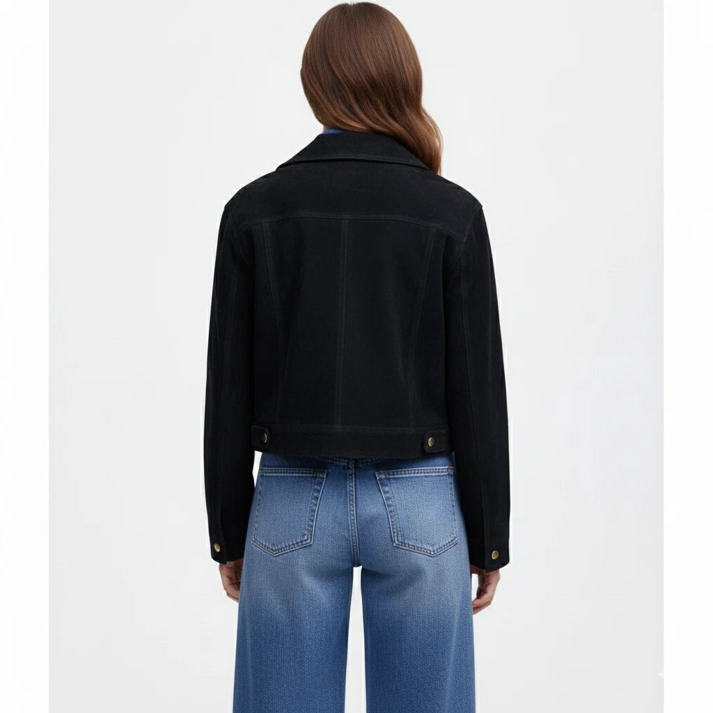 Women's Black Lambskin Suede Premium Leather Cropped Military Jacket