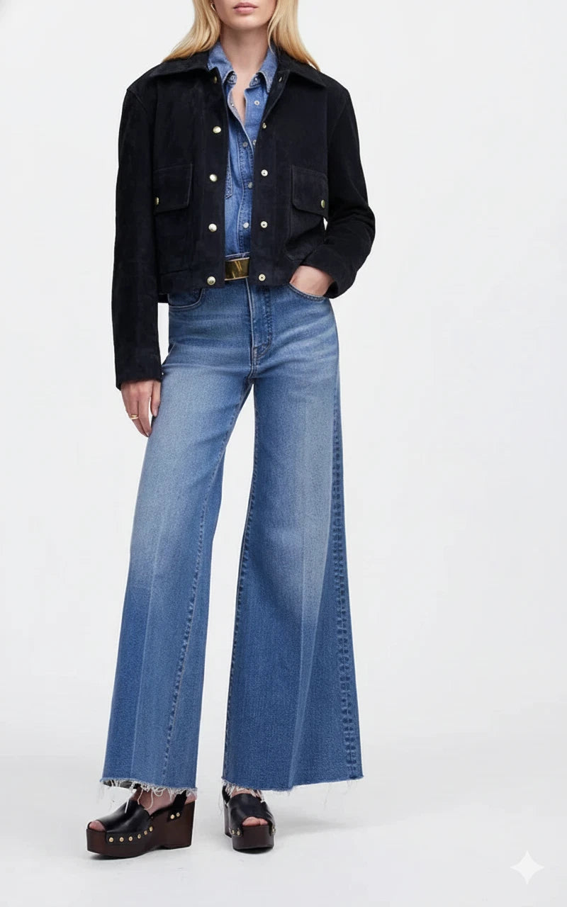 Women's Black Lambskin Suede Premium Leather Cropped Military Jacket