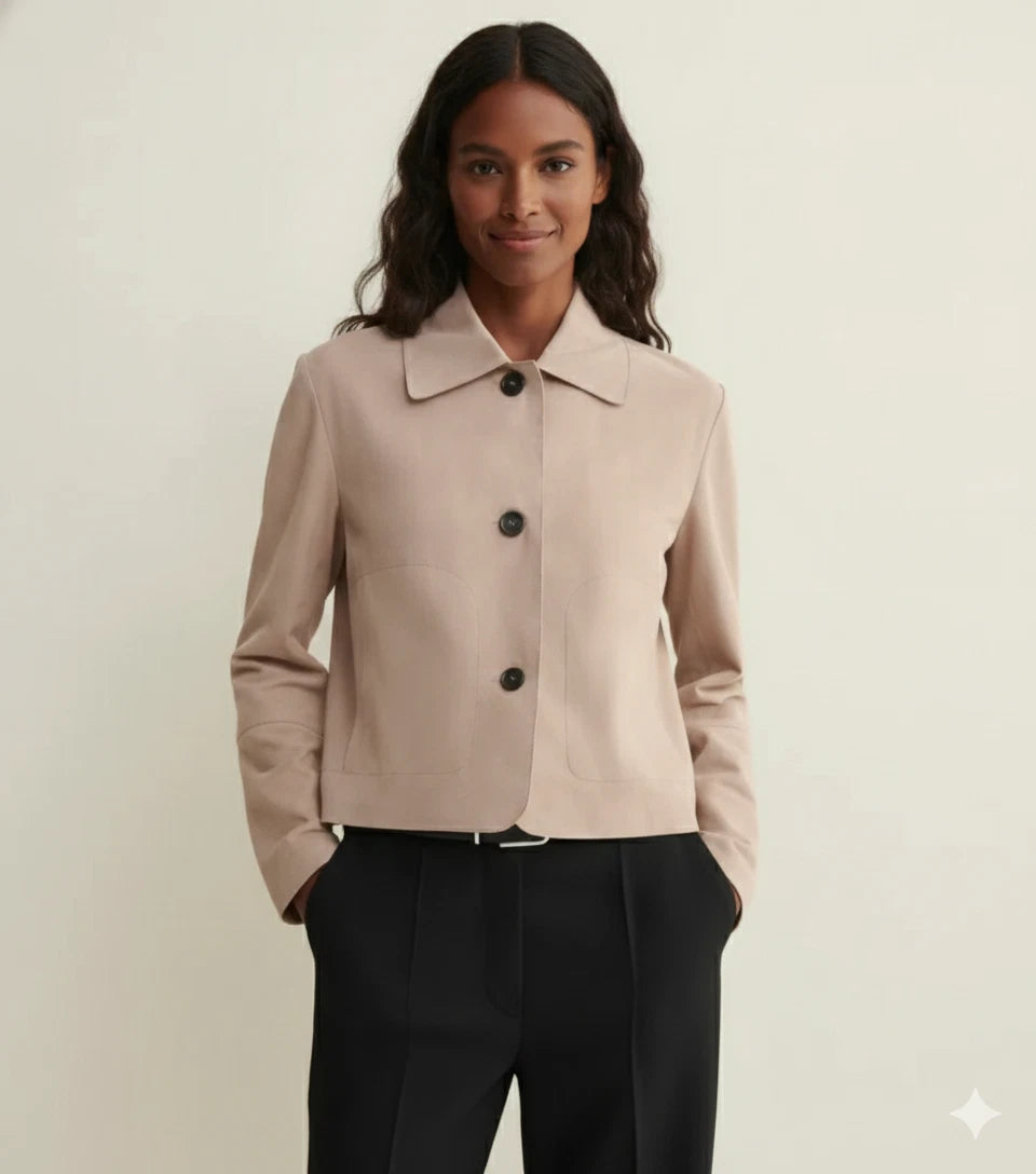 Women's Stone Beige Premium Lambskin Original Leather Button-Front Jacket