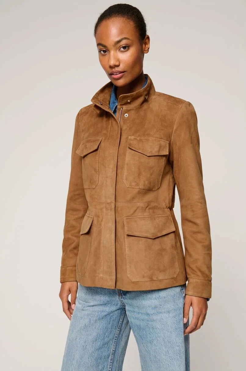 Women's Tan Lambskin Suede Premium Original Leather Four-Pocket Safari Jacket