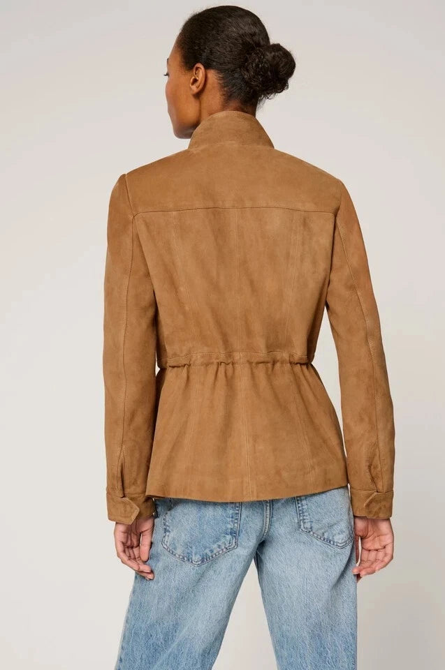 Women's Tan Lambskin Suede Premium Original Leather Four-Pocket Safari Jacket