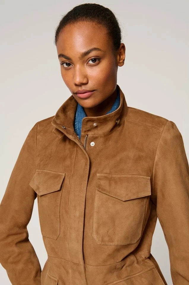 Women's Tan Lambskin Suede Premium Original Leather Four-Pocket Safari Jacket