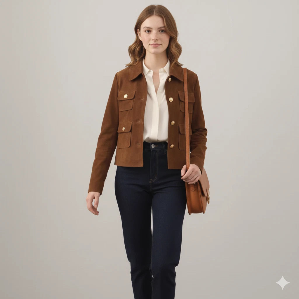 Women's Brown Lambskin Suede Original Leather Four-Pocket Utility Jacket