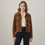 Women's Brown Lambskin Suede Original Leather Four-Pocket Utility Jacket