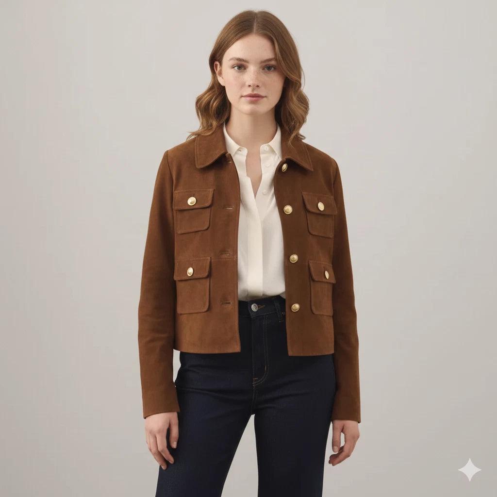 Women's Brown Lambskin Suede Original Leather Four-Pocket Utility Jacket