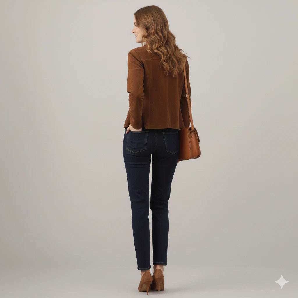 Women's Brown Lambskin Suede Original Leather Four-Pocket Utility Jacket