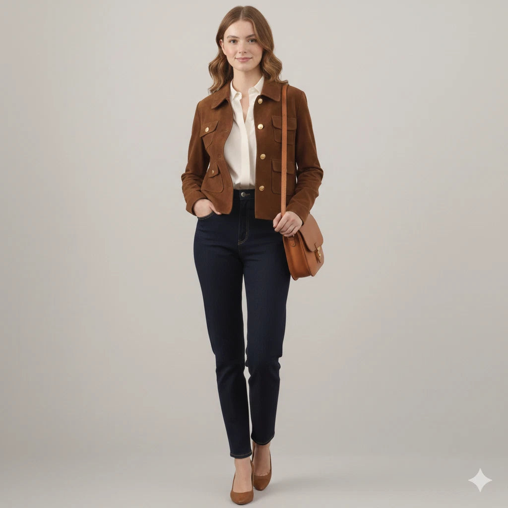 Women's Brown Lambskin Suede Original Leather Four-Pocket Utility Jacket