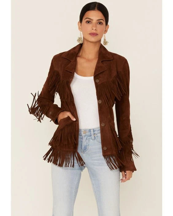 Women's Brown Lambskin Suede Premium Original Leather Western Fringe Jacket