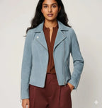 Women's Blue Lambskin Premium Suede Original Leather Biker Jacket